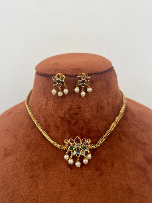 Sleek Attigai Choker – Kemp Lotus Motif – With Matching Studs 24