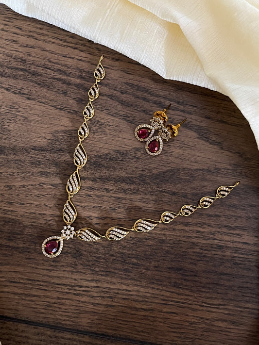 Sleek AD Necklace with Red Center – Modern Wedding Guest Set with Earrings