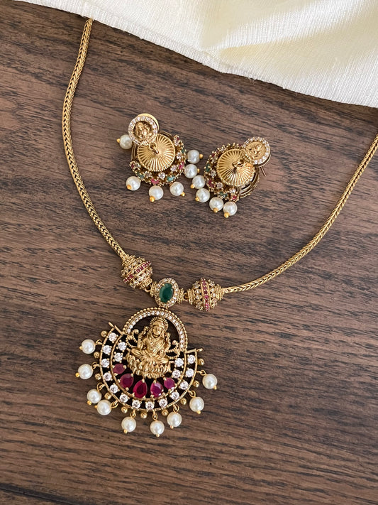 Lakshmi Devi Attigai Necklace Set – Nakshi Polish – Ruby & Emerald