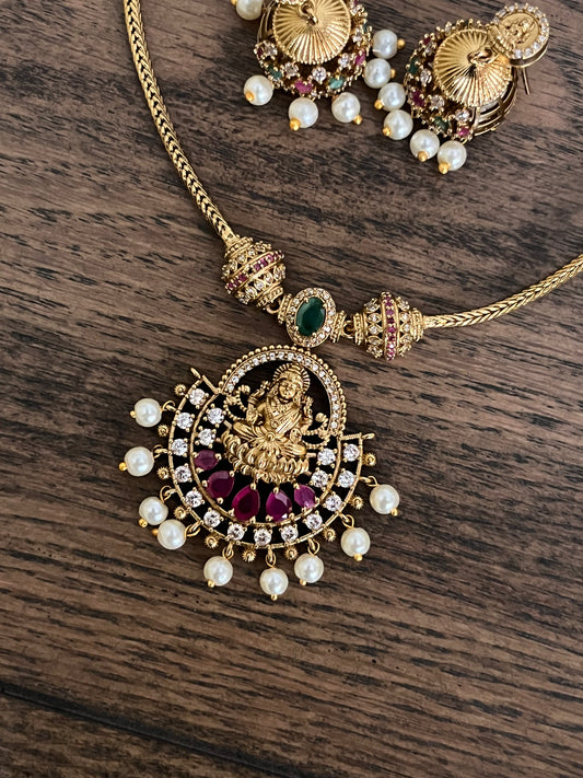 Lakshmi Devi Attigai Necklace Set – Nakshi Polish – Ruby & Emerald