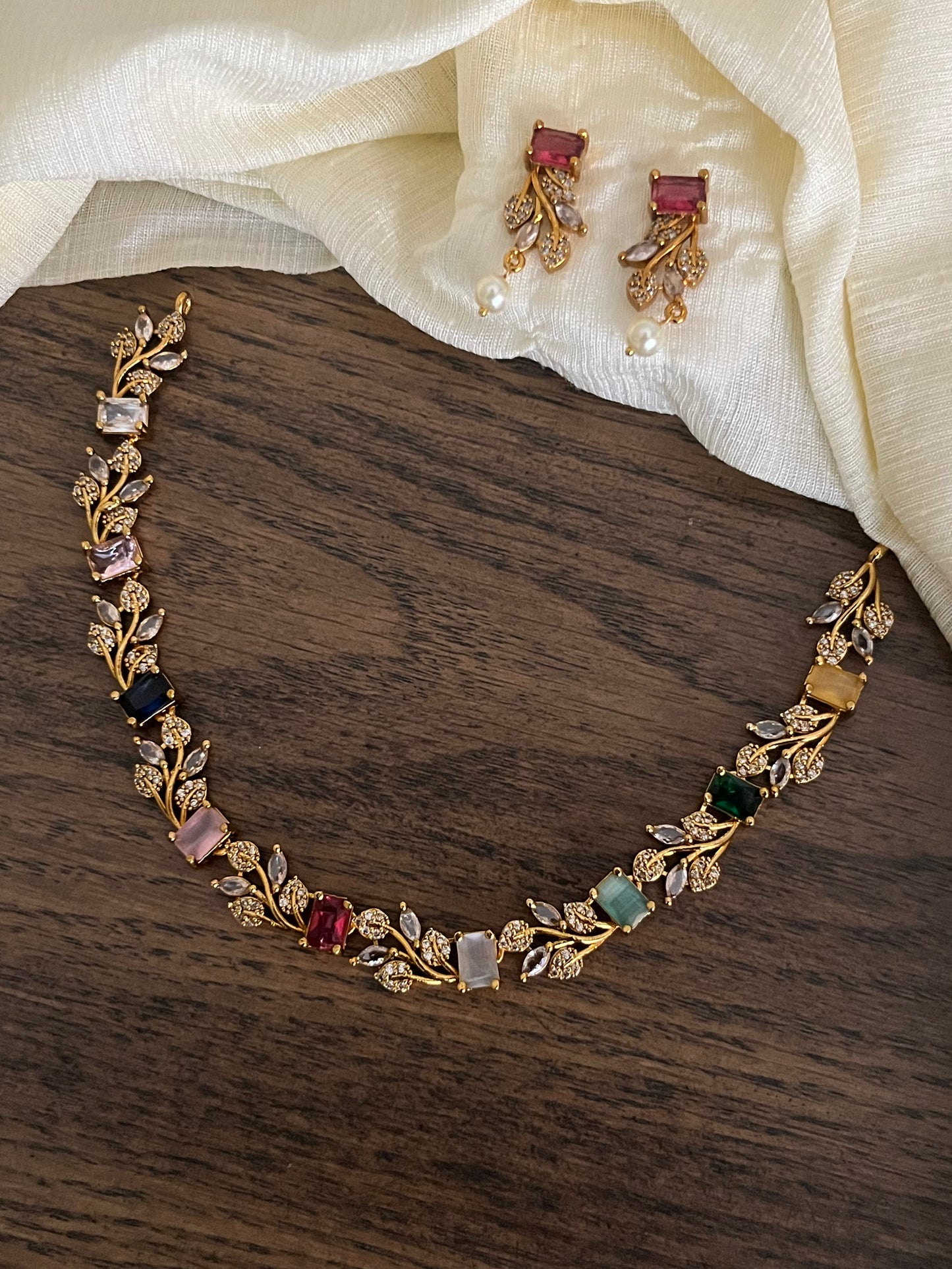 Leaf & Floral AD Diamond Necklace – Baby Pink / Mint / Multicolor