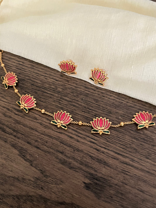 Lotus Necklace Set – Manju Warrier Inspired – Pink / Multicolor – Choker or Short Wear