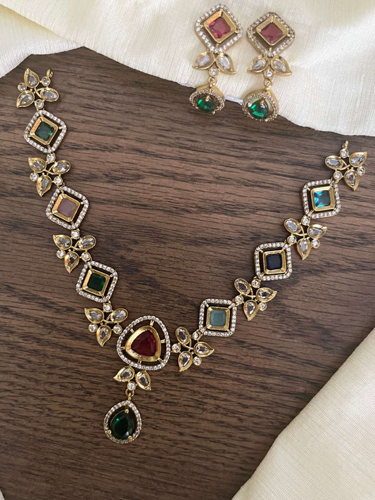Multi-Colored Stone Necklace Set with Earrings – Festive Jewellery