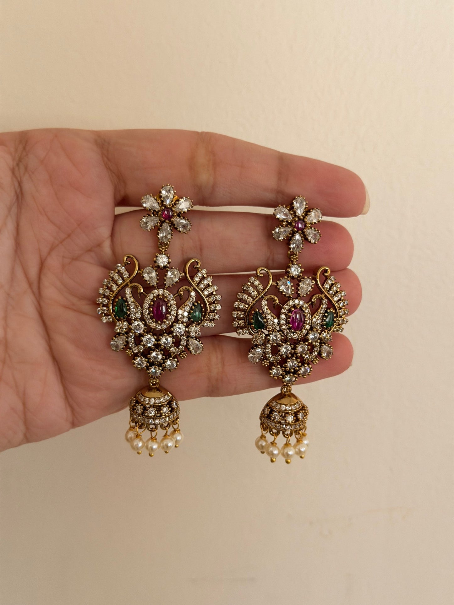 Peacock CZ Jhumka Drop Earrings