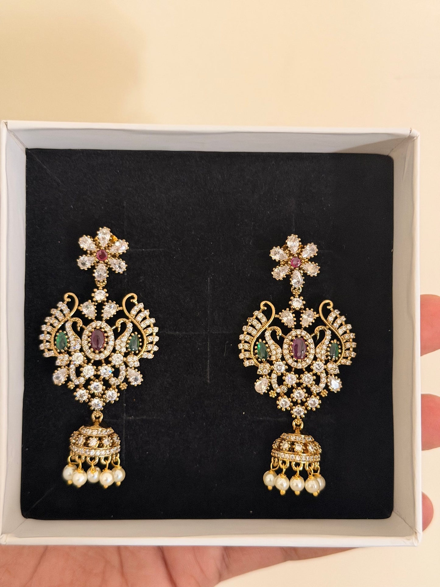 Peacock CZ Jhumka Drop Earrings