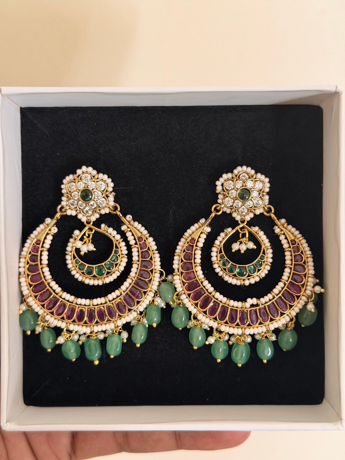 Double Crescent Pearl & Ruby Chandbali