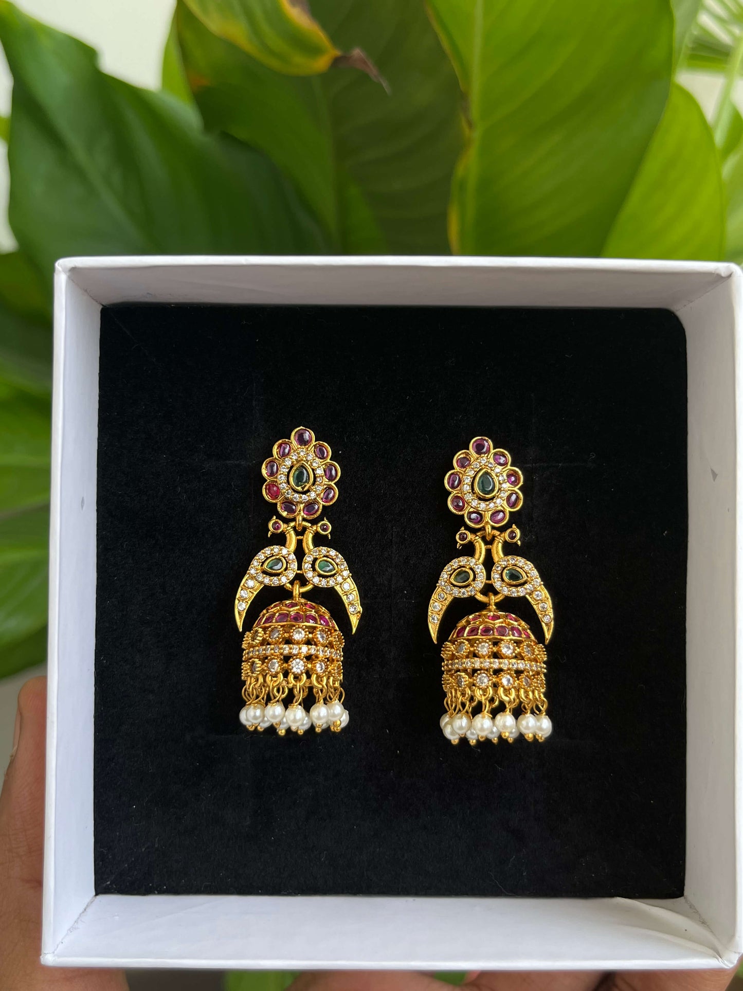 Kemp Jhumka Earrings with Peacock Motif, Floral Stud & Pearl Drops