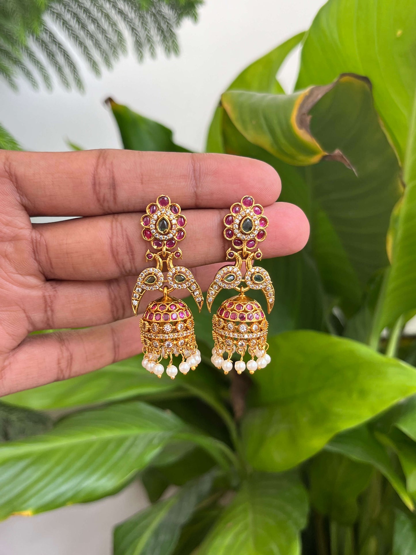 Kemp Jhumka Earrings with Peacock Motif, Floral Stud & Pearl Drops