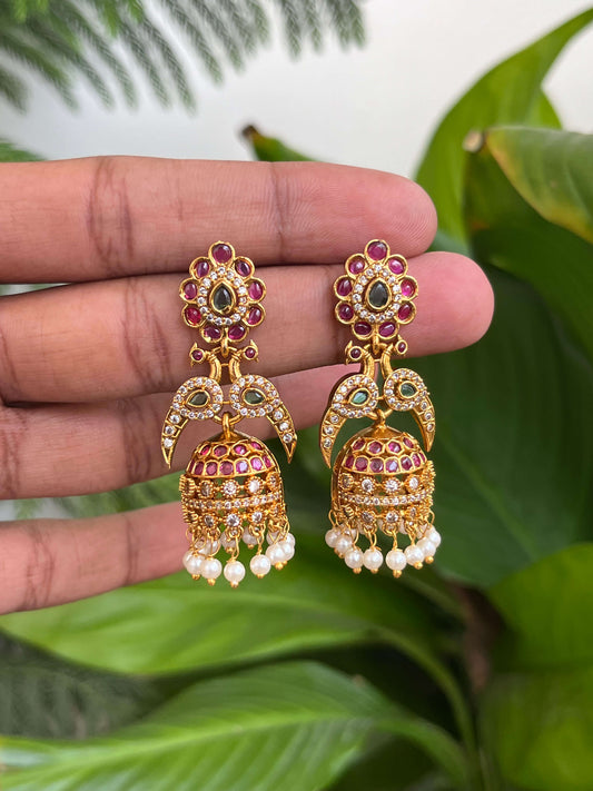 Kemp Jhumka Earrings with Peacock Motif, Floral Stud & Pearl Drops
