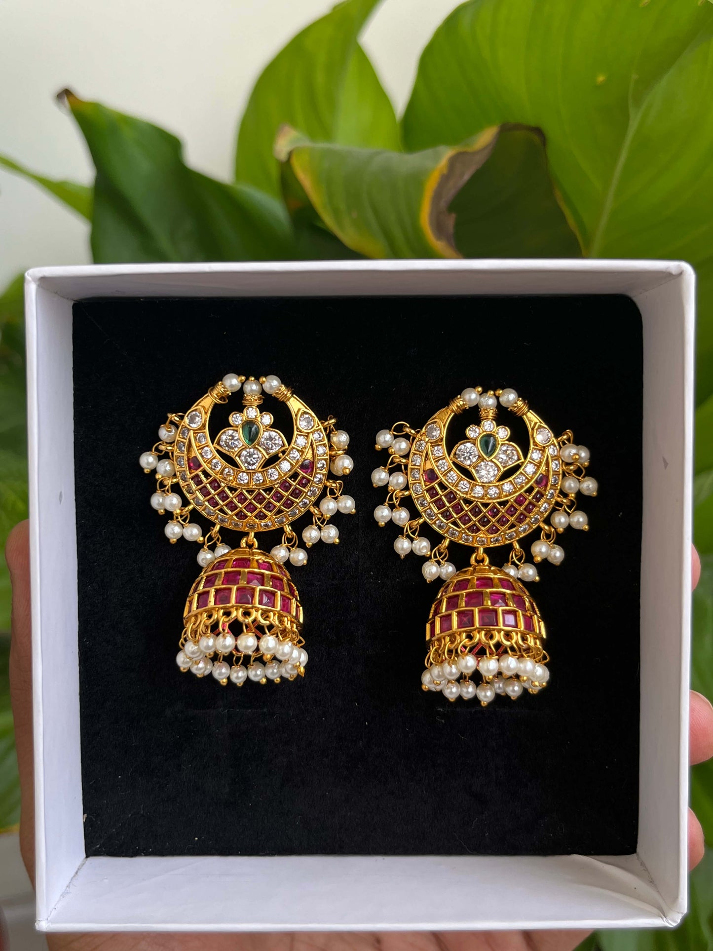 Traditional Gold-Toned Kemp Jhumka Earrings with Ruby Stones and Pearls