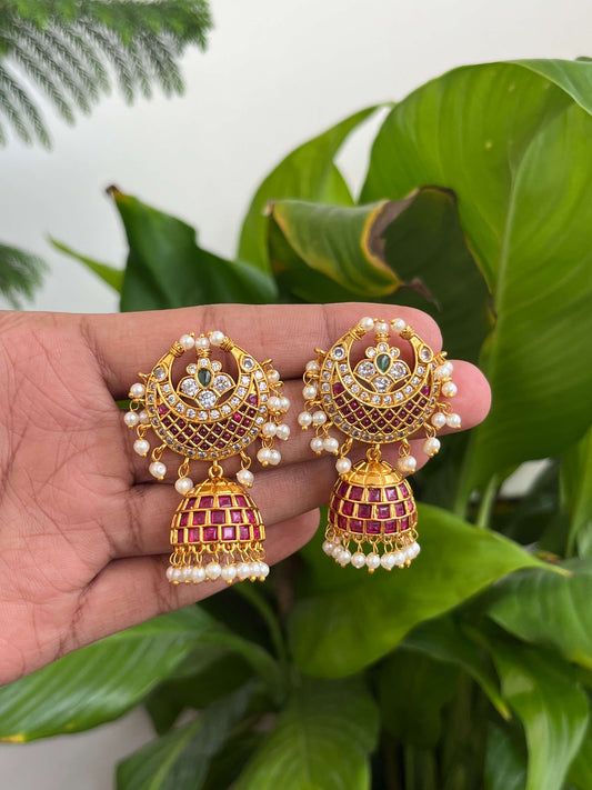 Traditional Gold-Toned Kemp Jhumka Earrings with Ruby Stones and Pearls