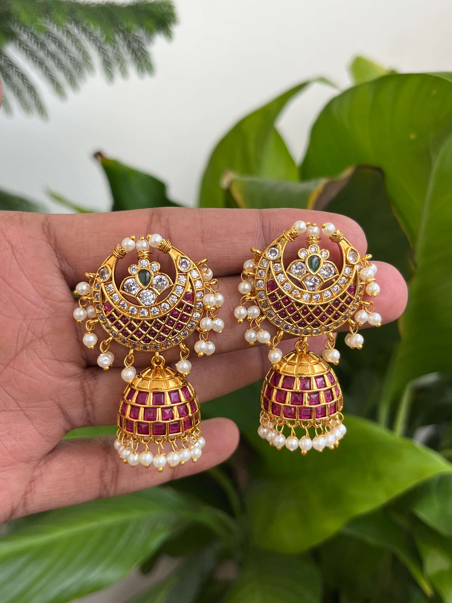 Traditional Gold-Toned Kemp Jhumka Earrings with Ruby Stones and Pearls