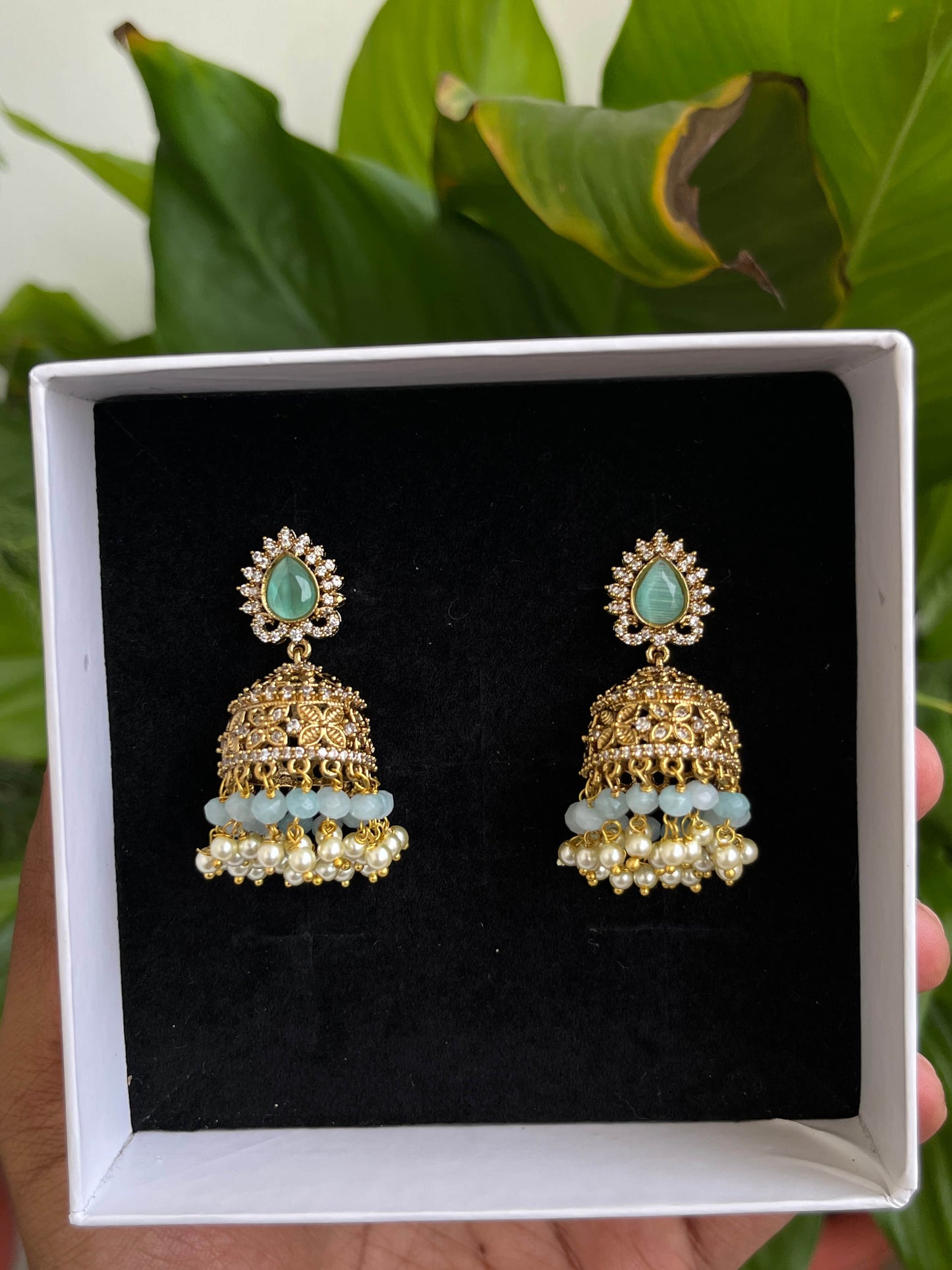Victorian Jhumka Earrings with Onyx Beads & Pearls