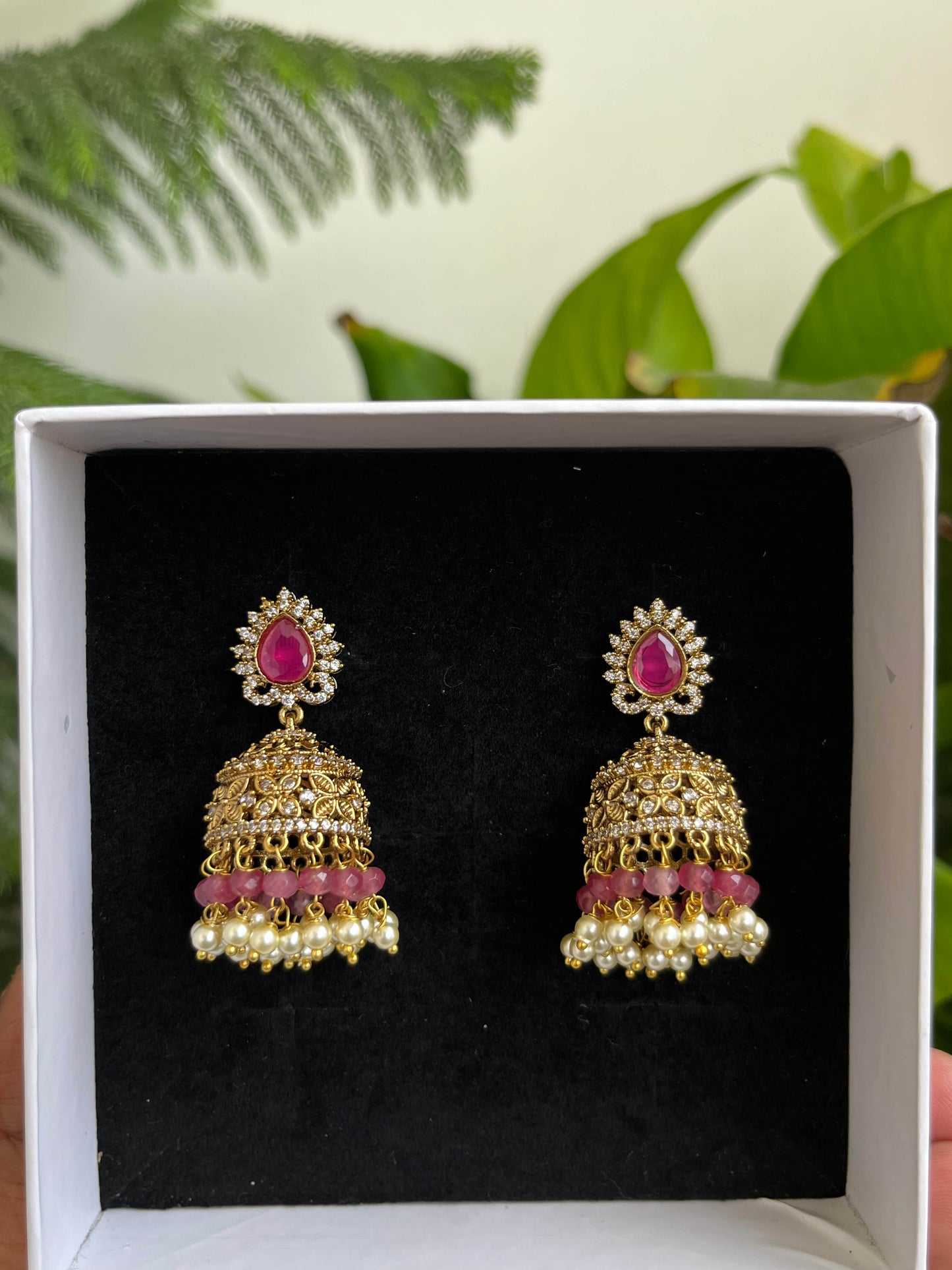 Victorian Jhumka Earrings with Onyx Beads & Pearls