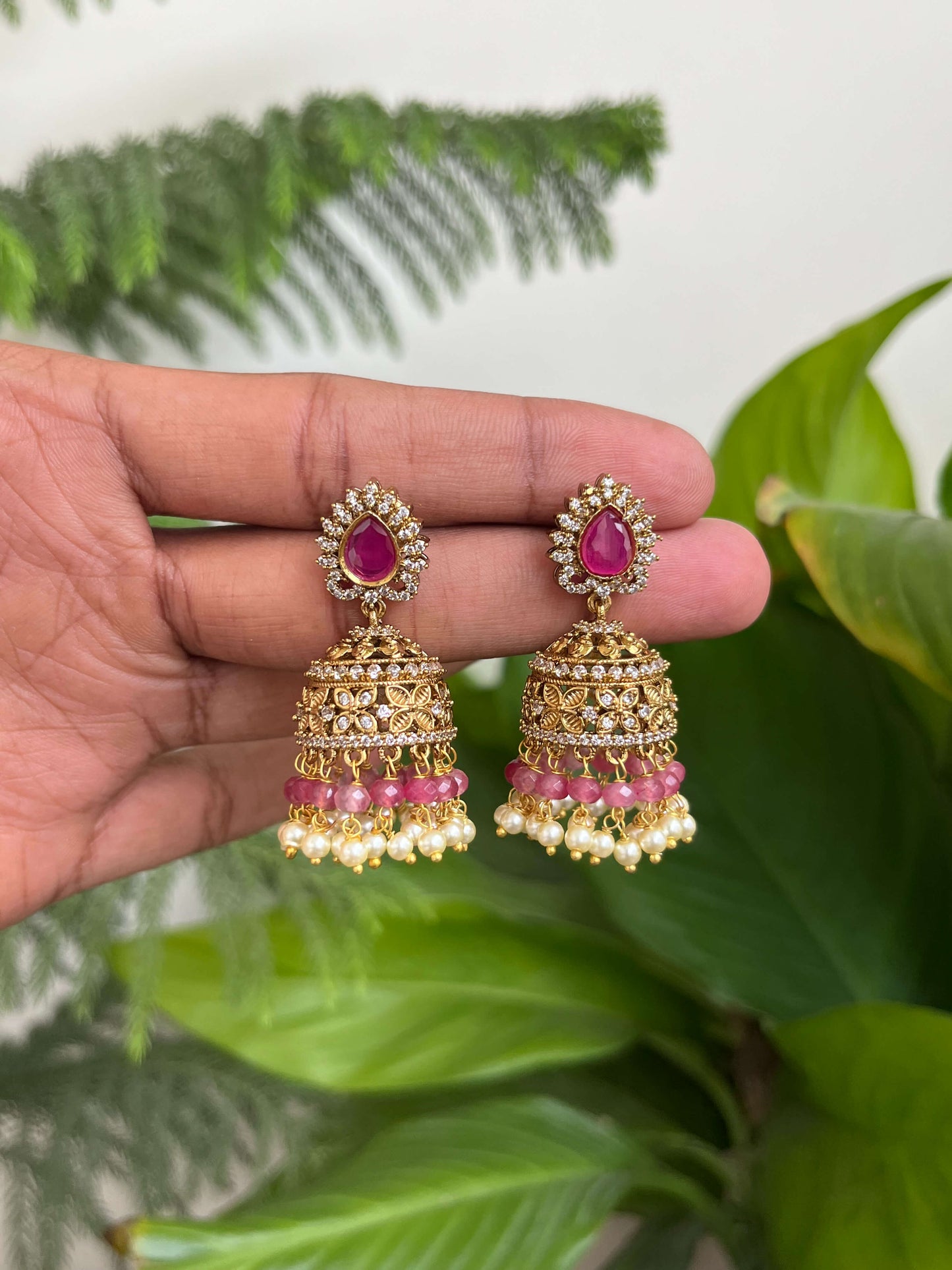 Victorian Jhumka Earrings with Onyx Beads & Pearls