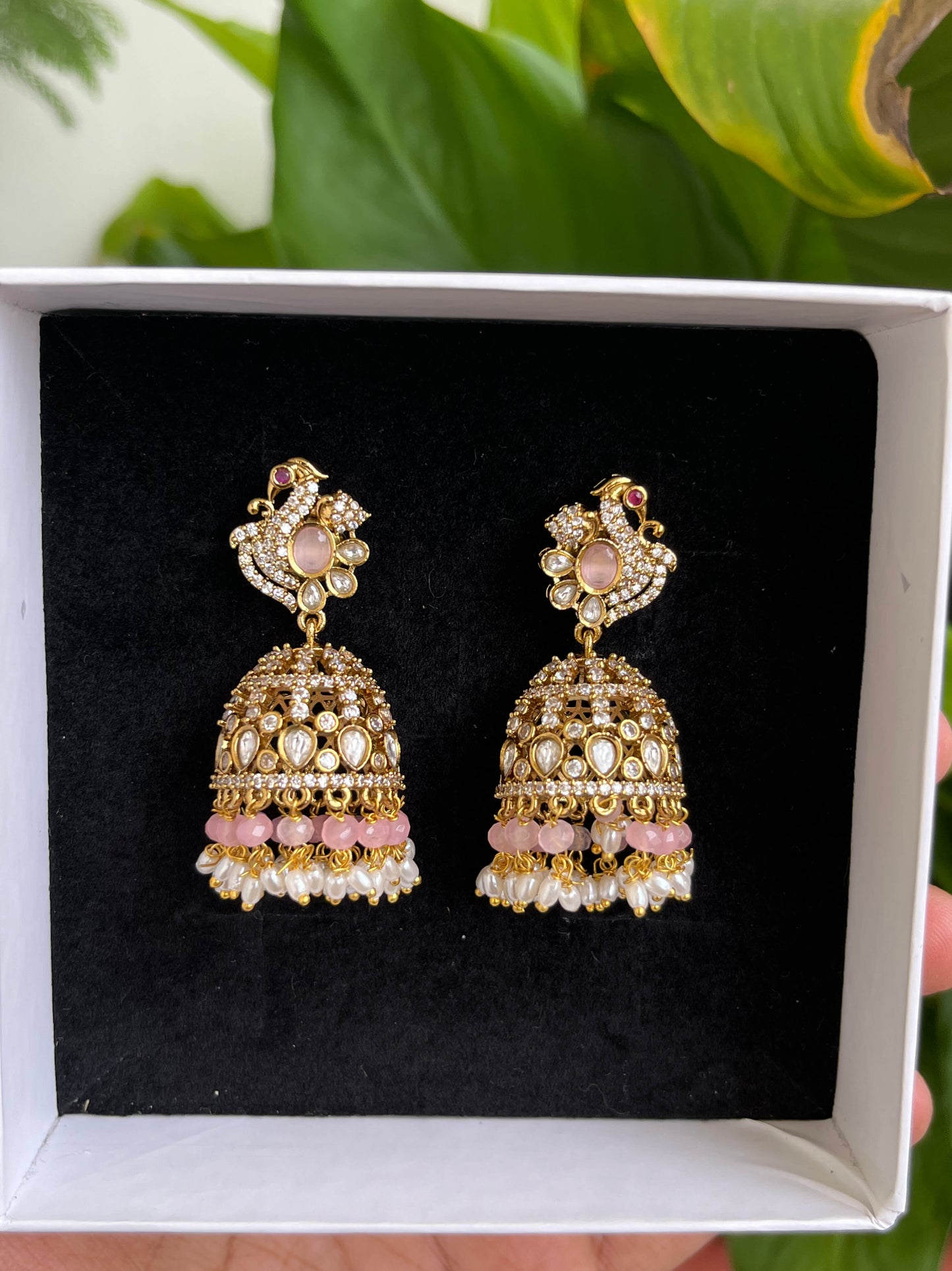 Victorian Peacock Motif Jhumka – Mint, Pastel Pink & Green Statement Earrings