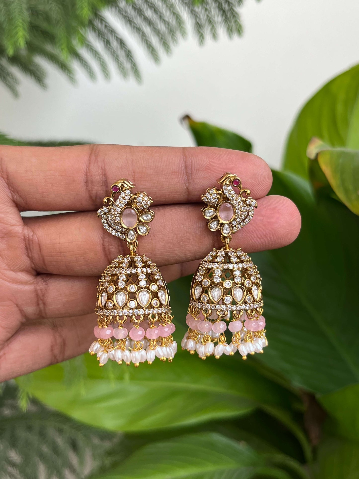 Victorian Peacock Motif Jhumka – Mint, Pastel Pink & Green Statement Earrings