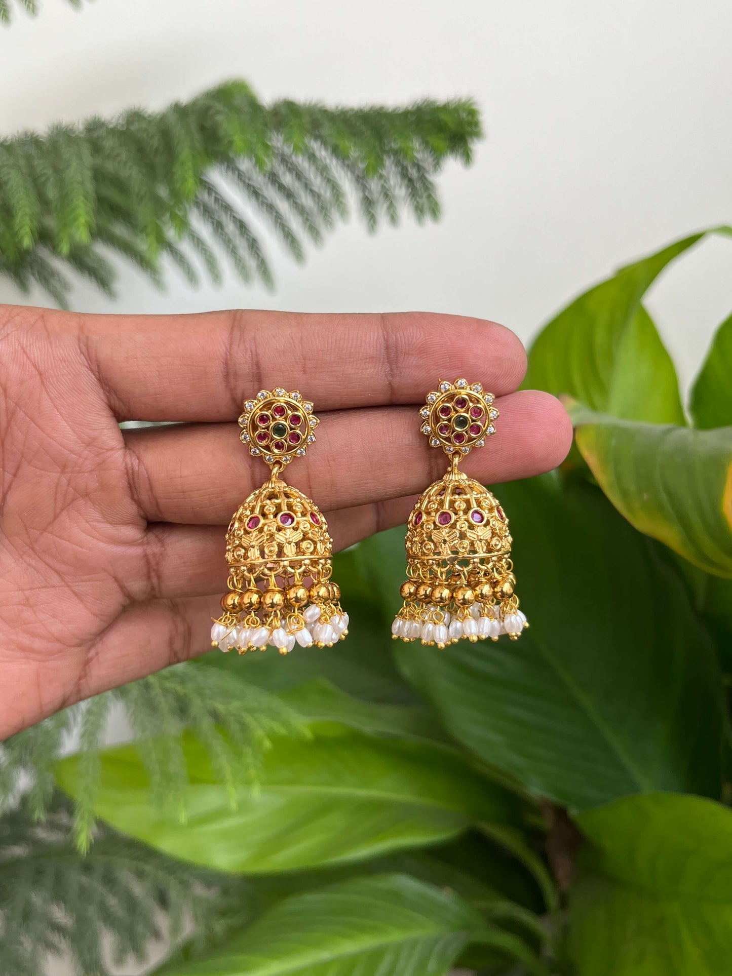 Gold Look Alike Jhumka Earrings with Rice Pearls