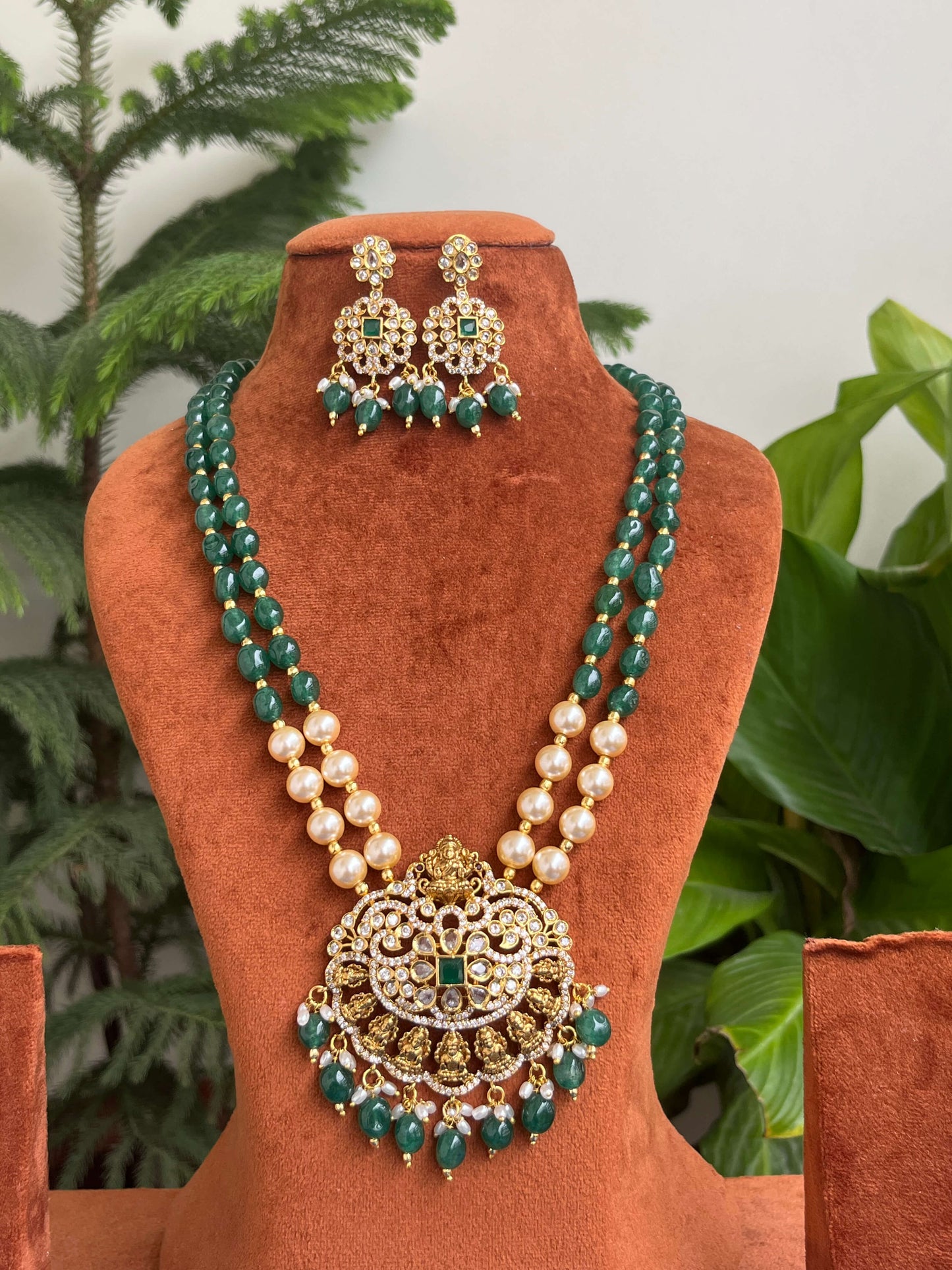 Jaipuri Beads & Pearls Haram with Lakshmi Devi Pendant | Temple Jewellery Set