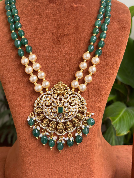 Jaipuri Beads & Pearls Haram with Lakshmi Devi Pendant | Temple Jewellery Set