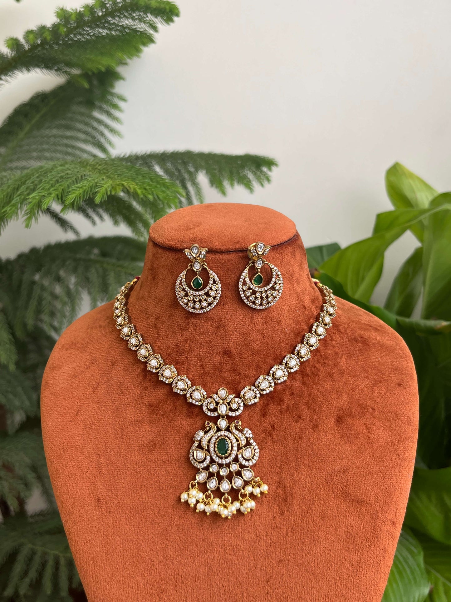 Victorian Peacock Necklace Set with Kundan Stones & Pearl Drops