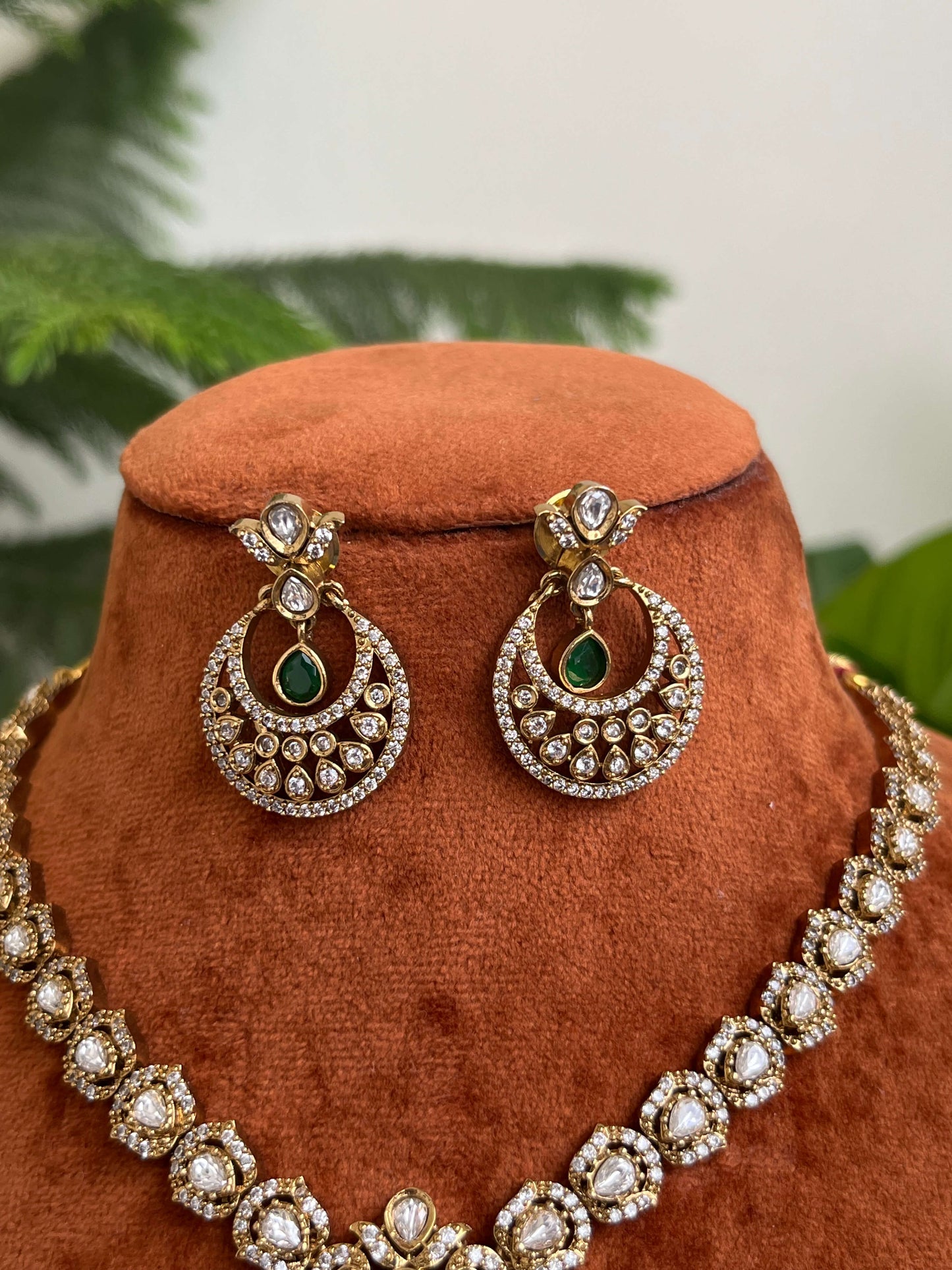 Victorian Peacock Necklace Set with Kundan Stones & Pearl Drops