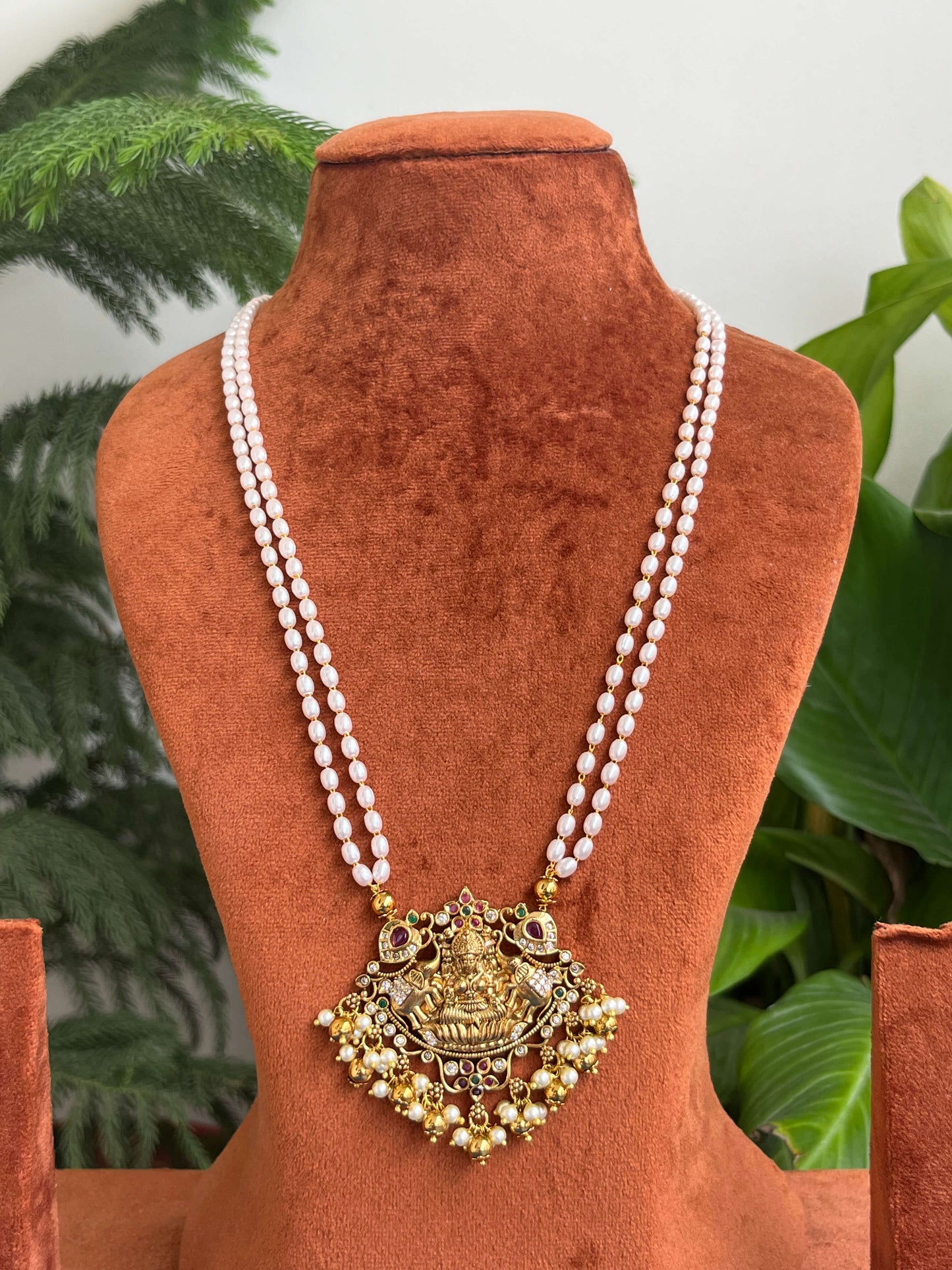 Lakshmi Devi Pendant Haram with Elephant Motif | 2-Line Rice Pearl Necklace | Temple Jewellery Style
