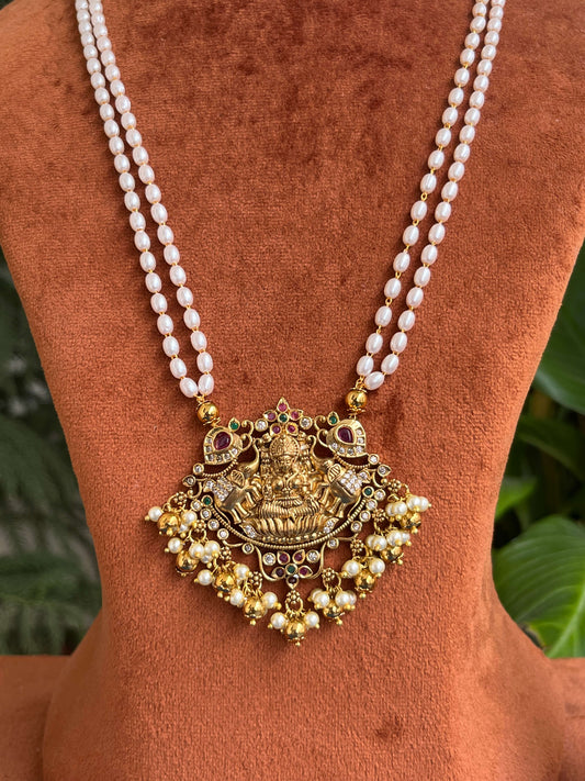 Lakshmi Devi Pendant Haram with Elephant Motif | 2-Line Rice Pearl Necklace | Temple Jewellery Style
