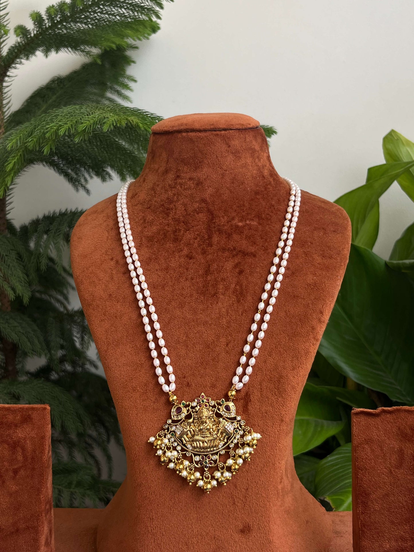 Lakshmi Devi Pendant Haram with Elephant Motif | 2-Line Rice Pearl Necklace | Temple Jewellery Style
