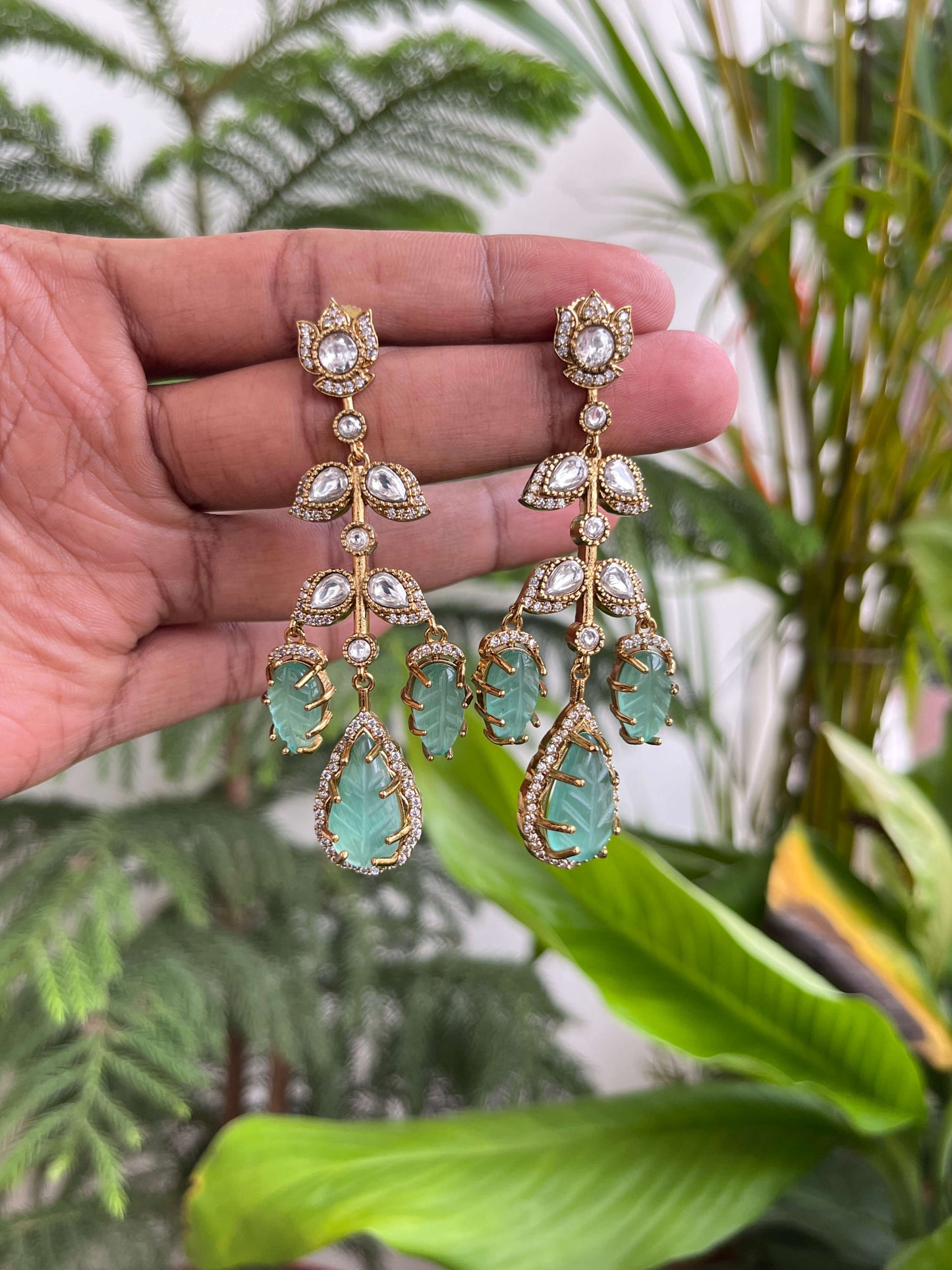 Moissanite Carved Stone Dangler Earrings