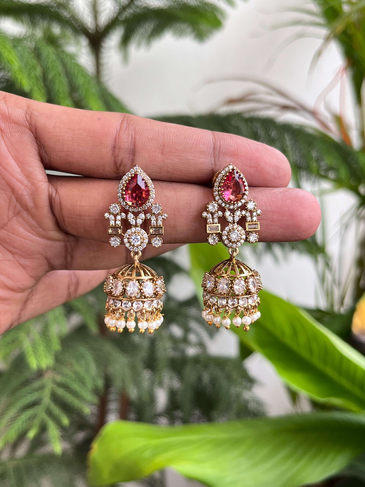 Designer Green & Ruby Stone Victorian Jhumka Earrings