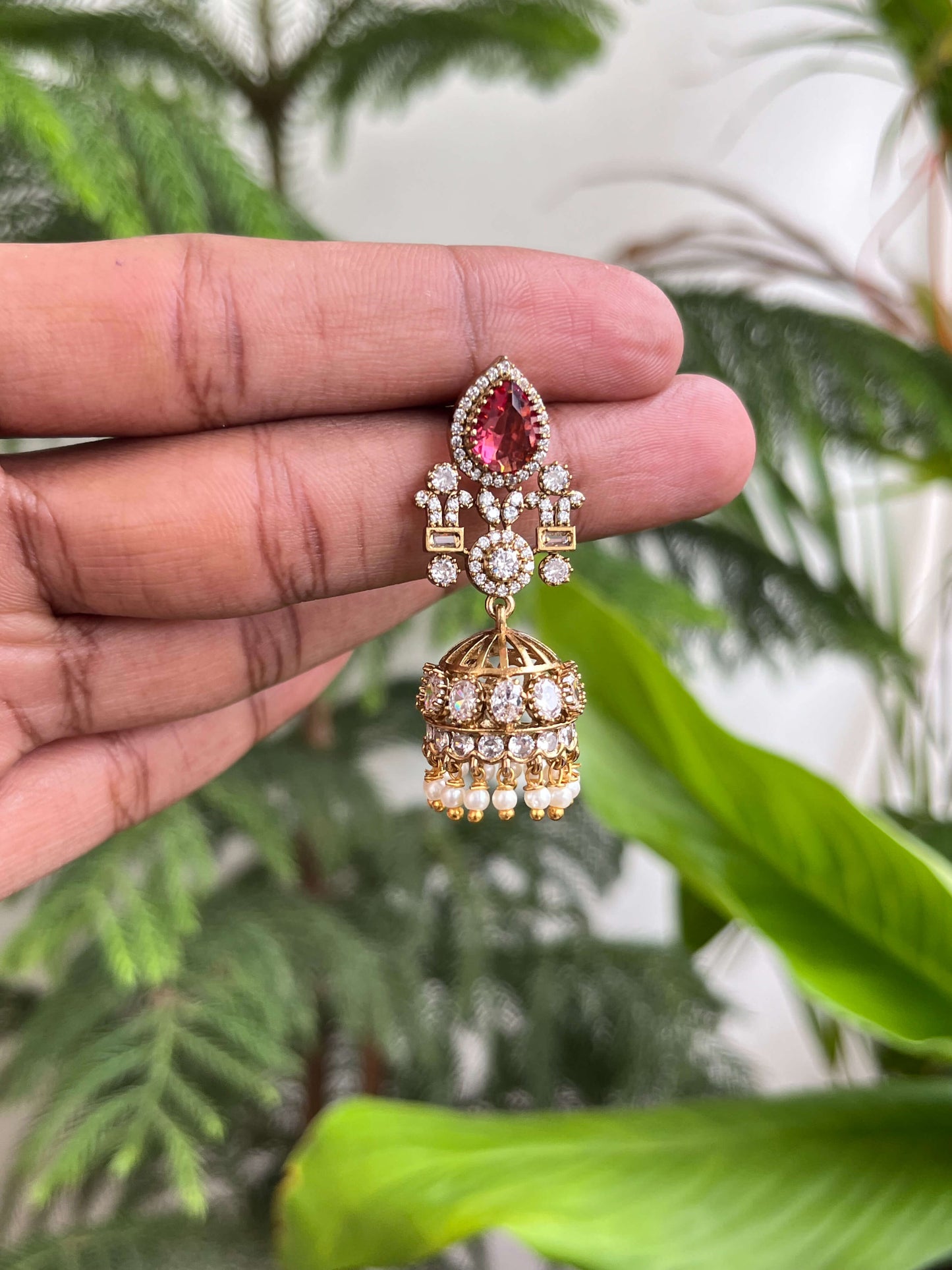 Designer Green & Ruby Stone Victorian Jhumka Earrings