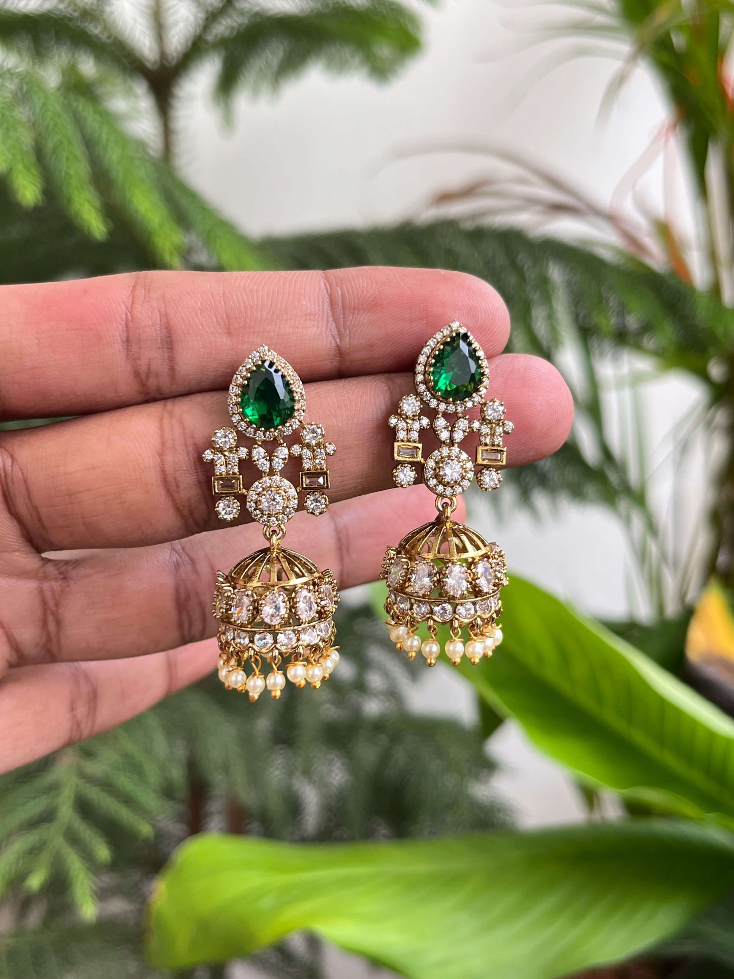 Designer Green & Ruby Stone Victorian Jhumka Earrings