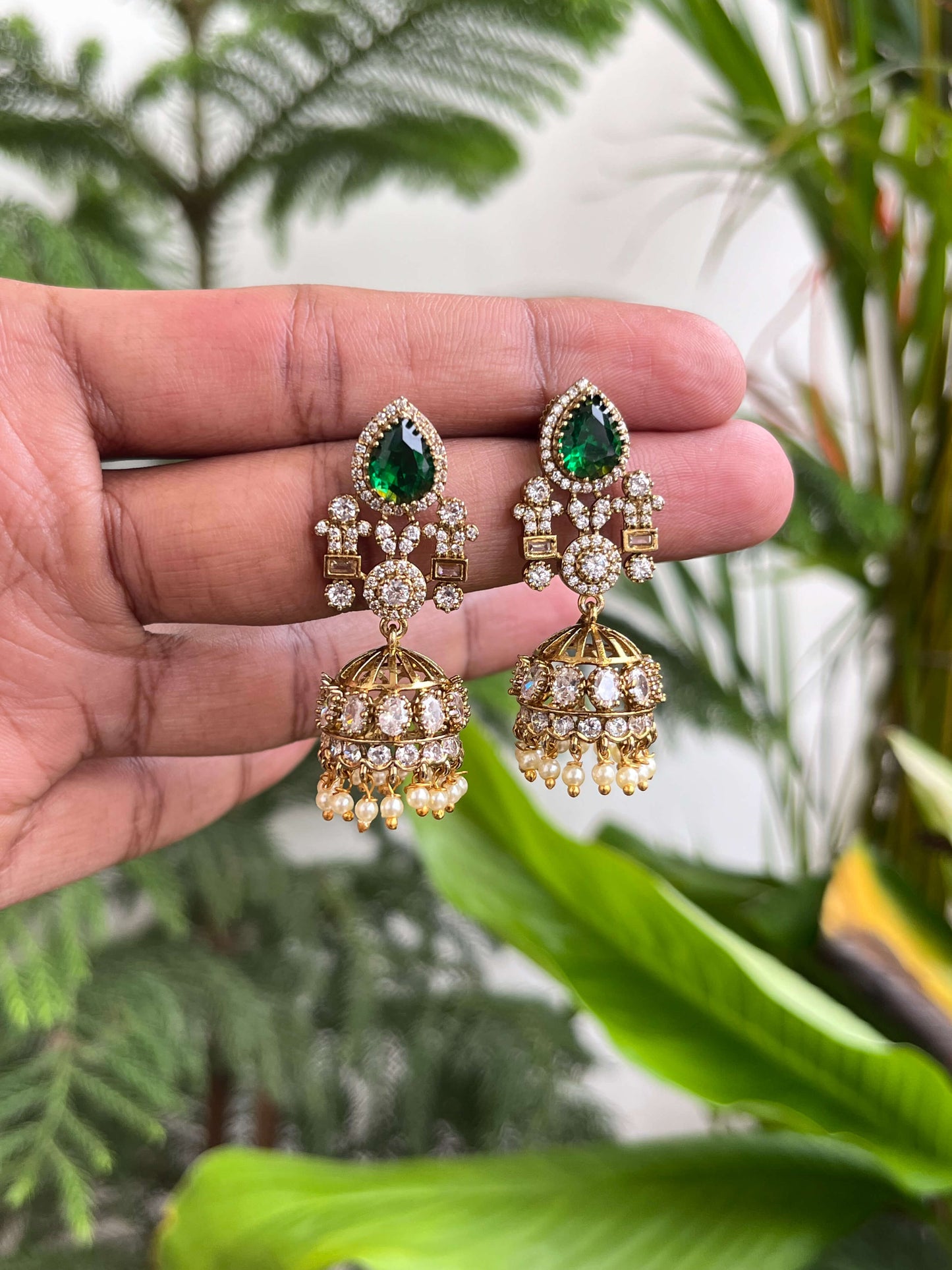 Designer Green & Ruby Stone Victorian Jhumka Earrings