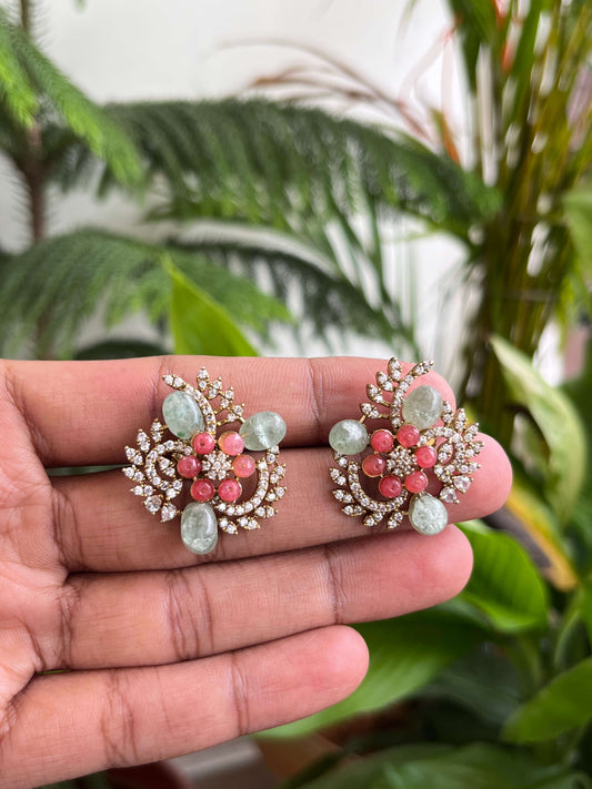 Turkish Floral Statement Earrings – Coral & Jade Bead Accents with CZ Detailing