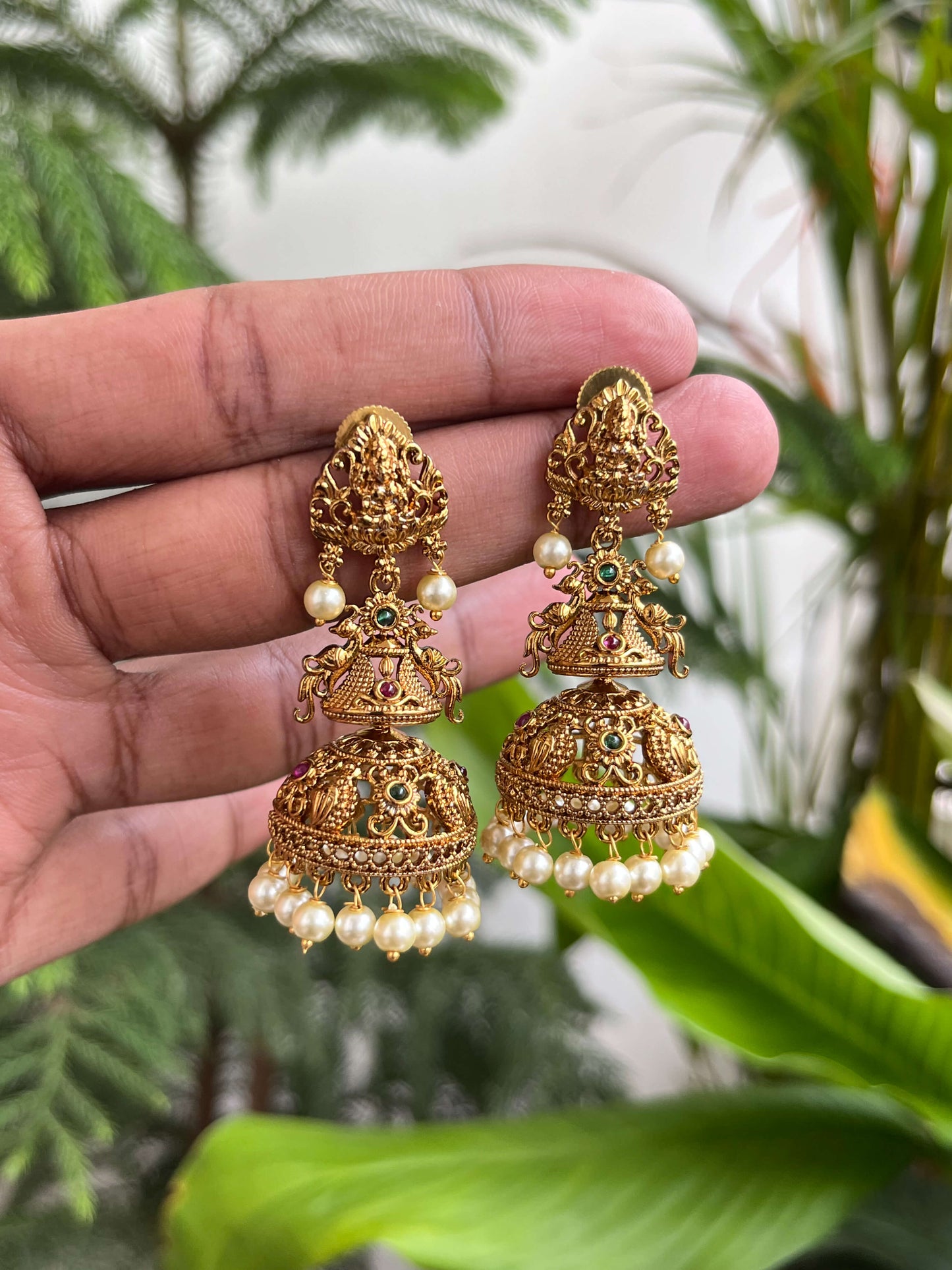 Traditional Lakshmi Temple Jhumka Earrings with Pearls | Antique Gold Finish