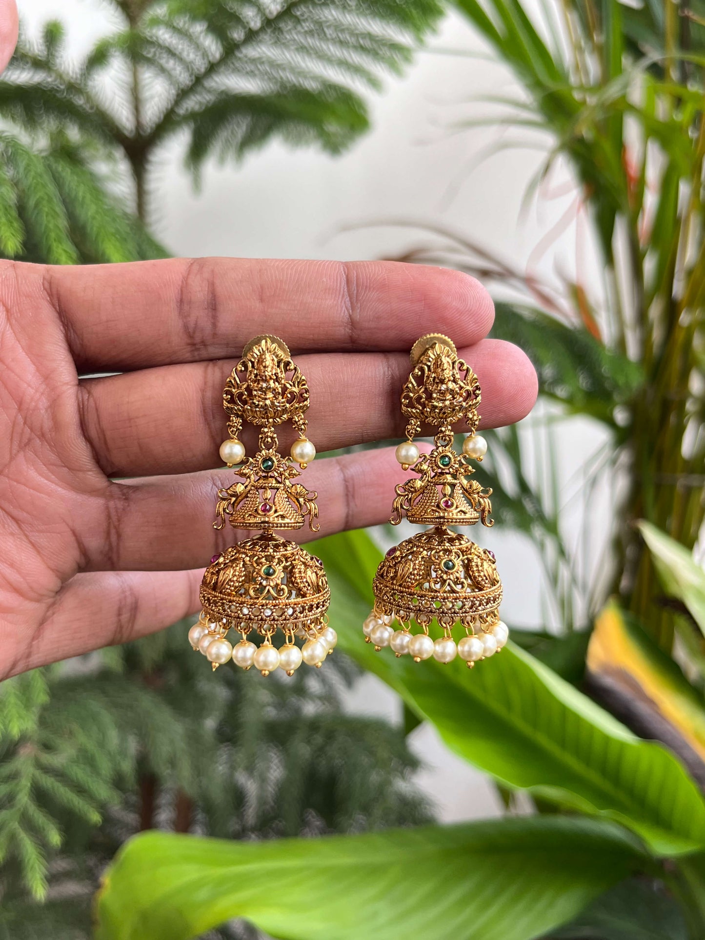 Traditional Lakshmi Temple Jhumka Earrings with Pearls | Antique Gold Finish