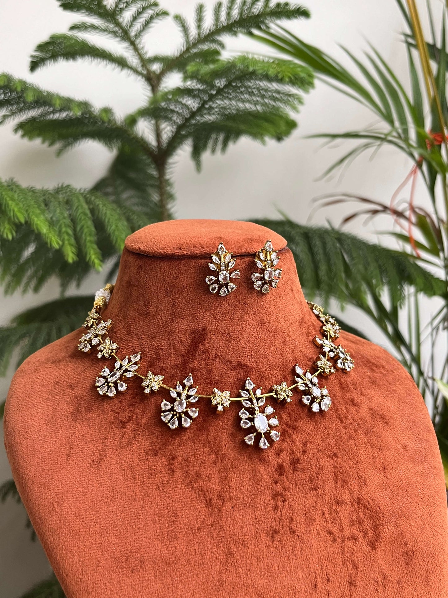 Diamond Look-Alike Floral Necklace Set with Earrings – Premium CZ Stones