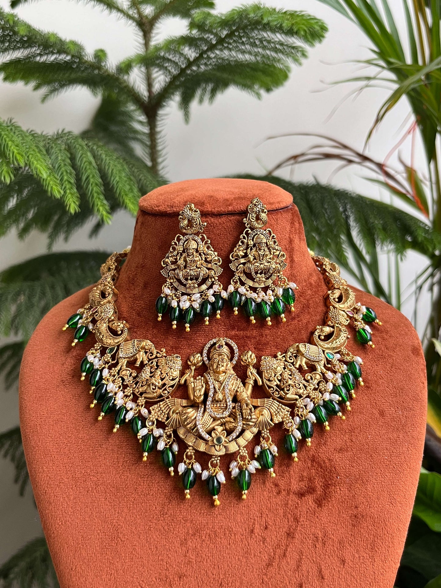 3D Grand Lakshmi Devi Antique Gold Necklace Set with Temple Design & Green Beads