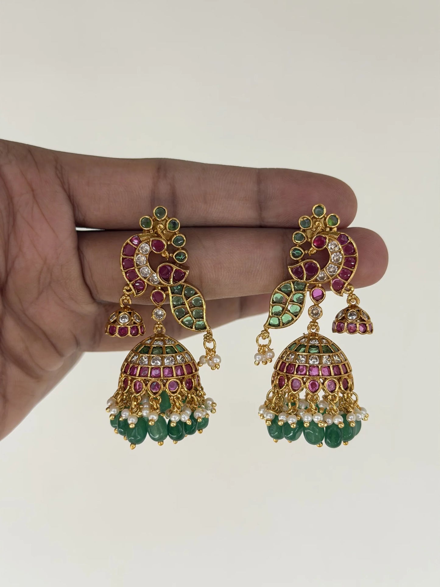Ruby Green Pearl Peacock Jhumka Earrings