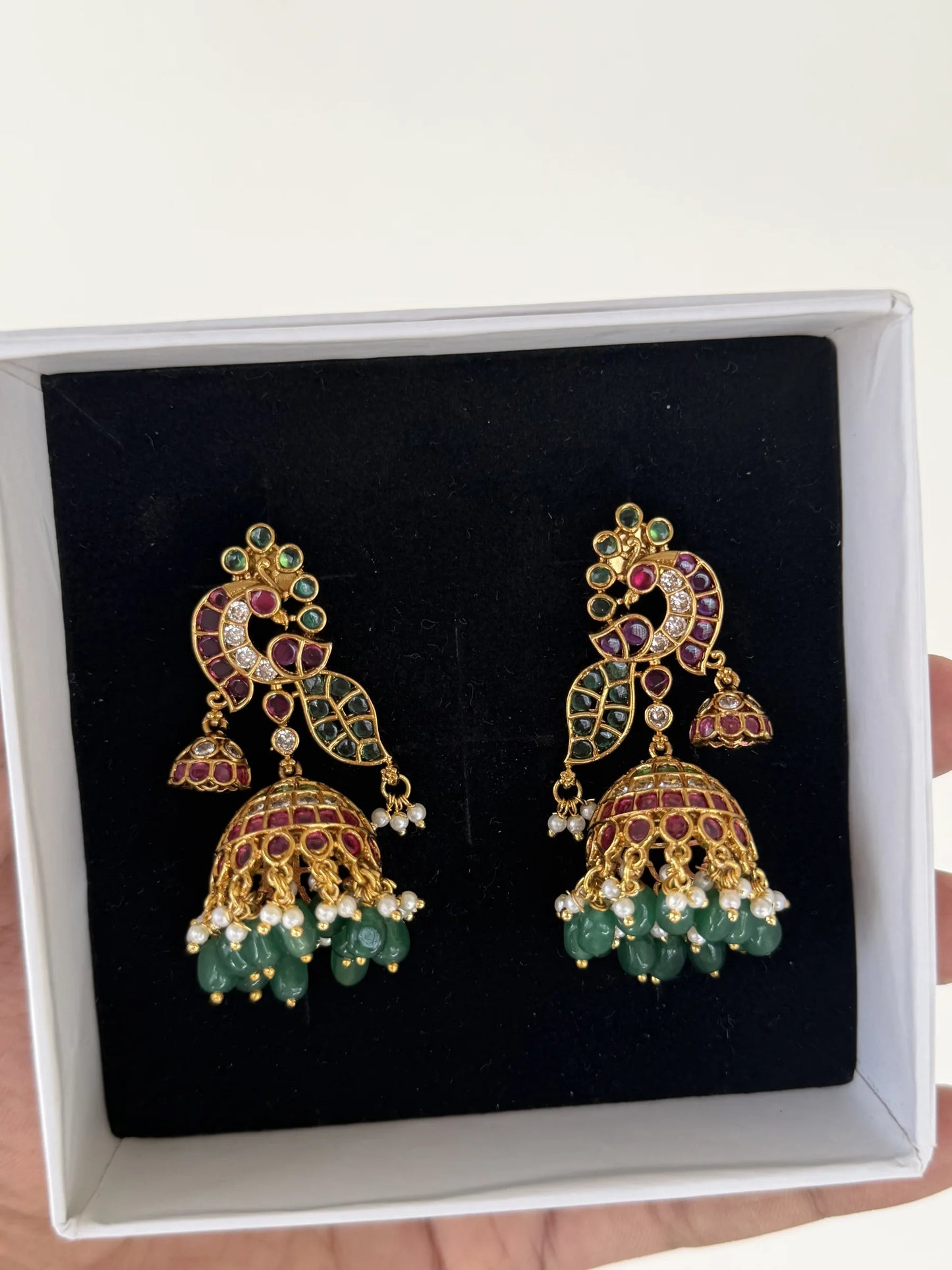 Ruby Green Pearl Peacock Jhumka Earrings