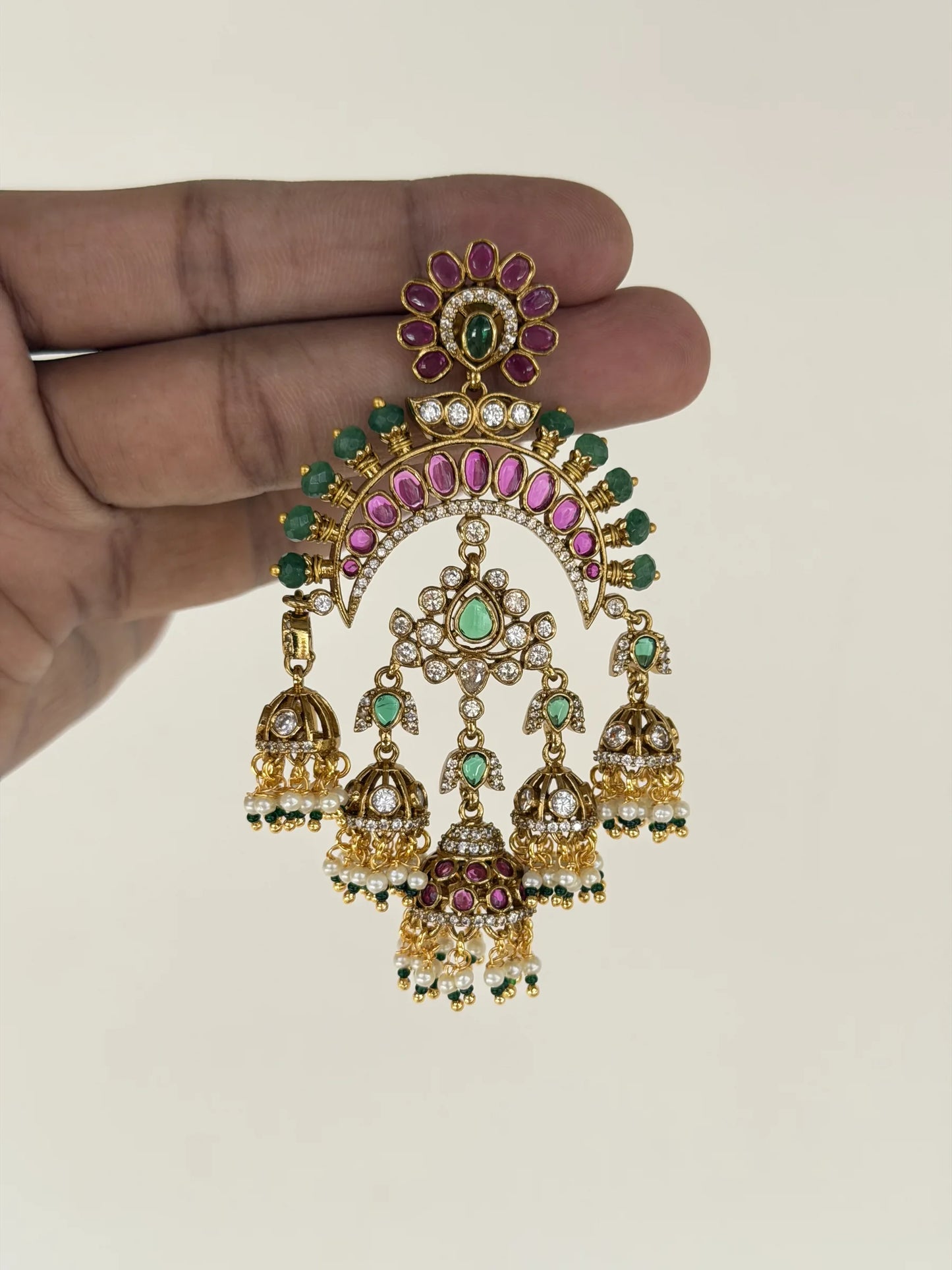 Ruby Green Pearl Chandbali Jhumka Earrings