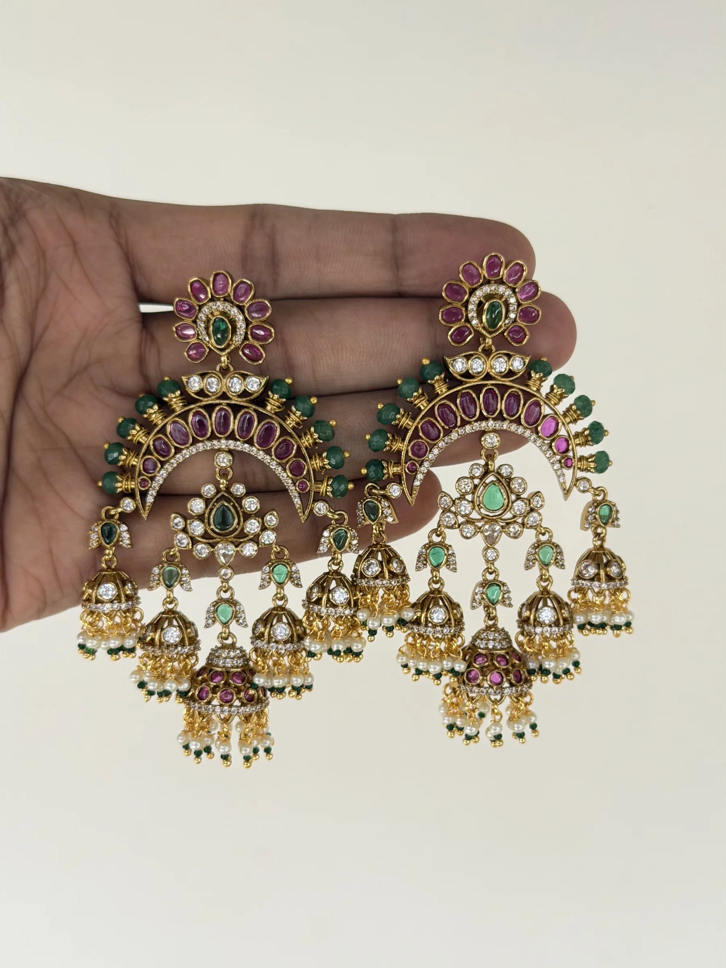 Ruby Green Pearl Chandbali Jhumka Earrings