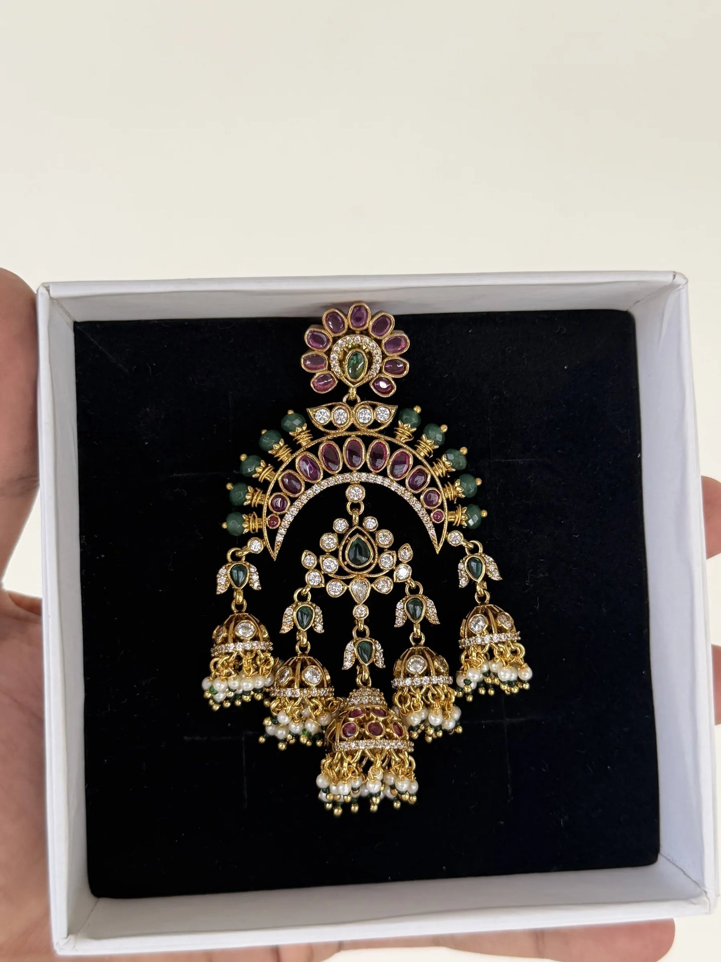 Ruby Green Pearl Chandbali Jhumka Earrings