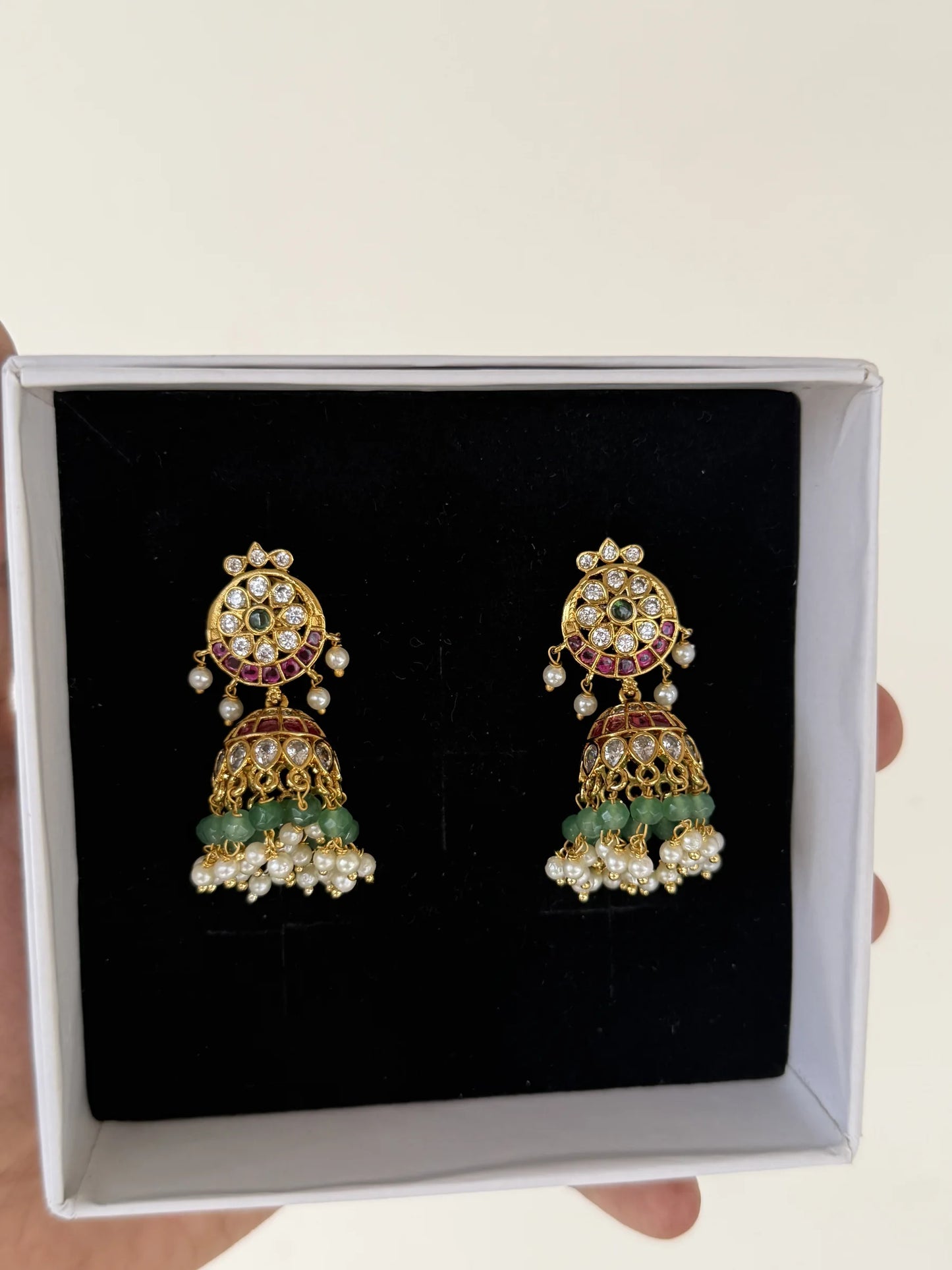 Green Ruby Pearl Jhumka Earrings