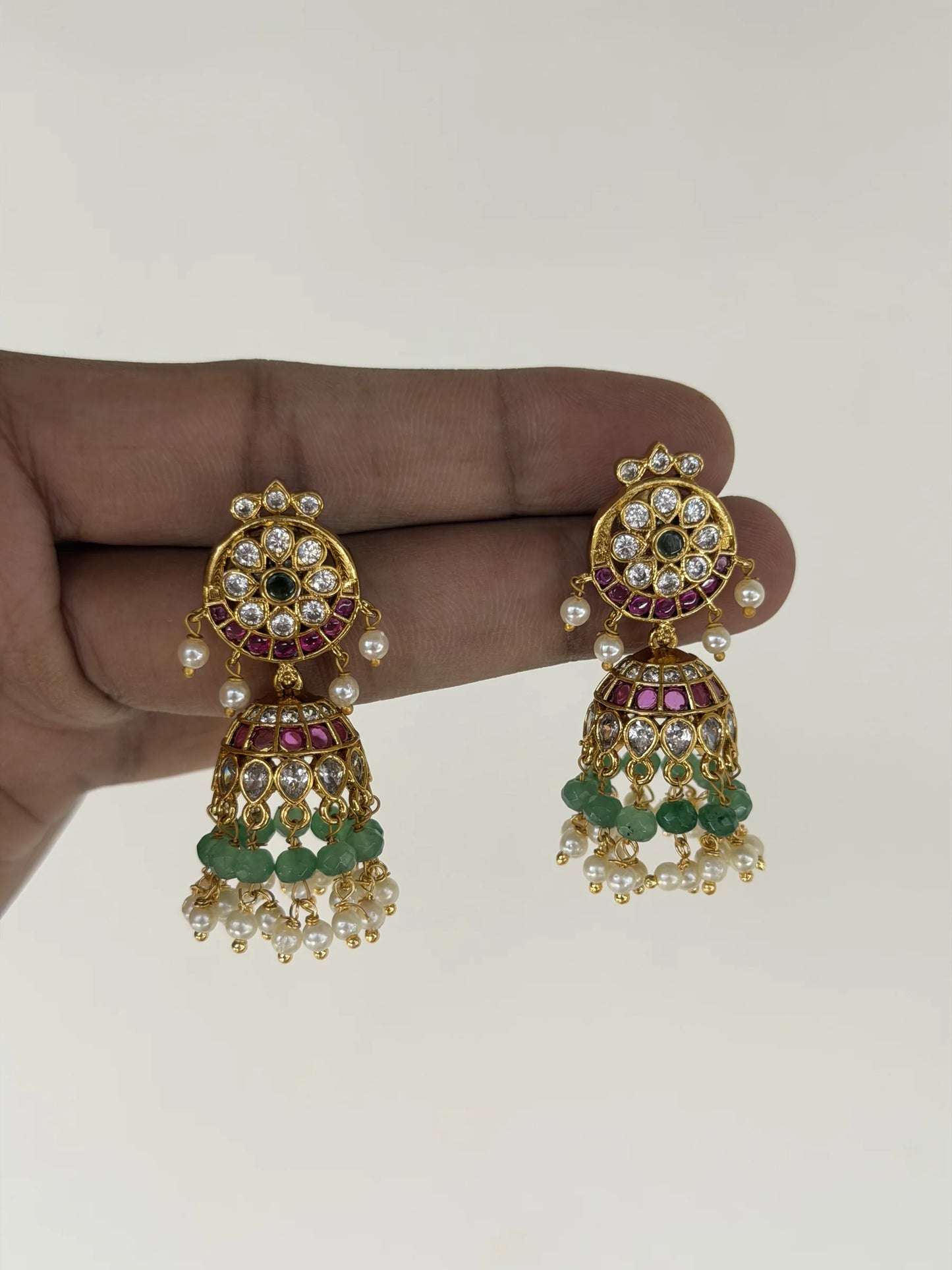 Green Ruby Pearl Jhumka Earrings