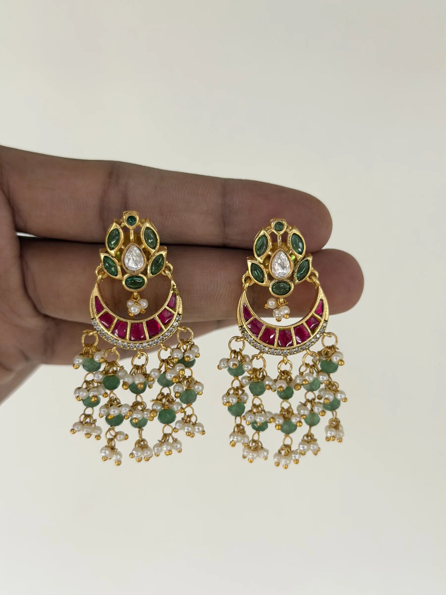 Ruby Green Pearl Jadau Kundan Dangler Earrings