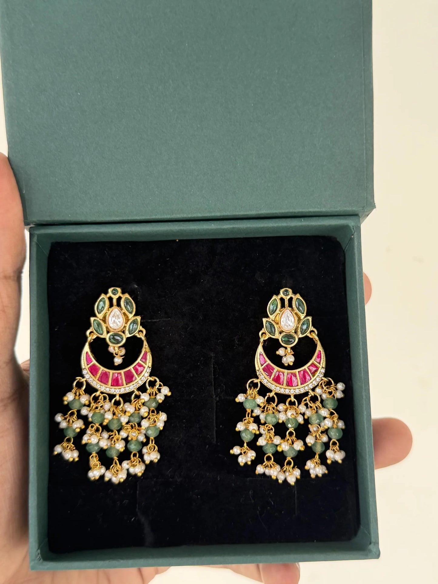 Ruby Green Pearl Jadau Kundan Dangler Earrings
