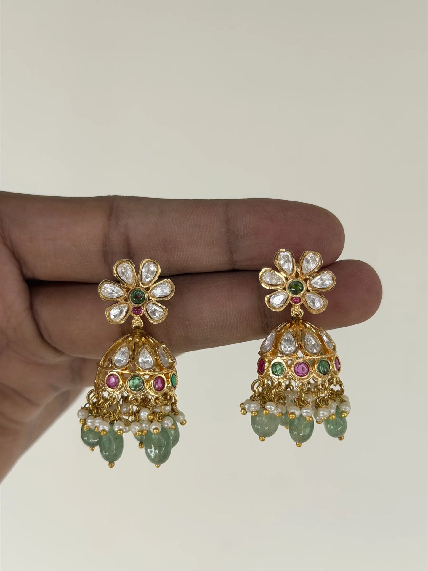 Gold Pearl Kundan Jhumka Earrings