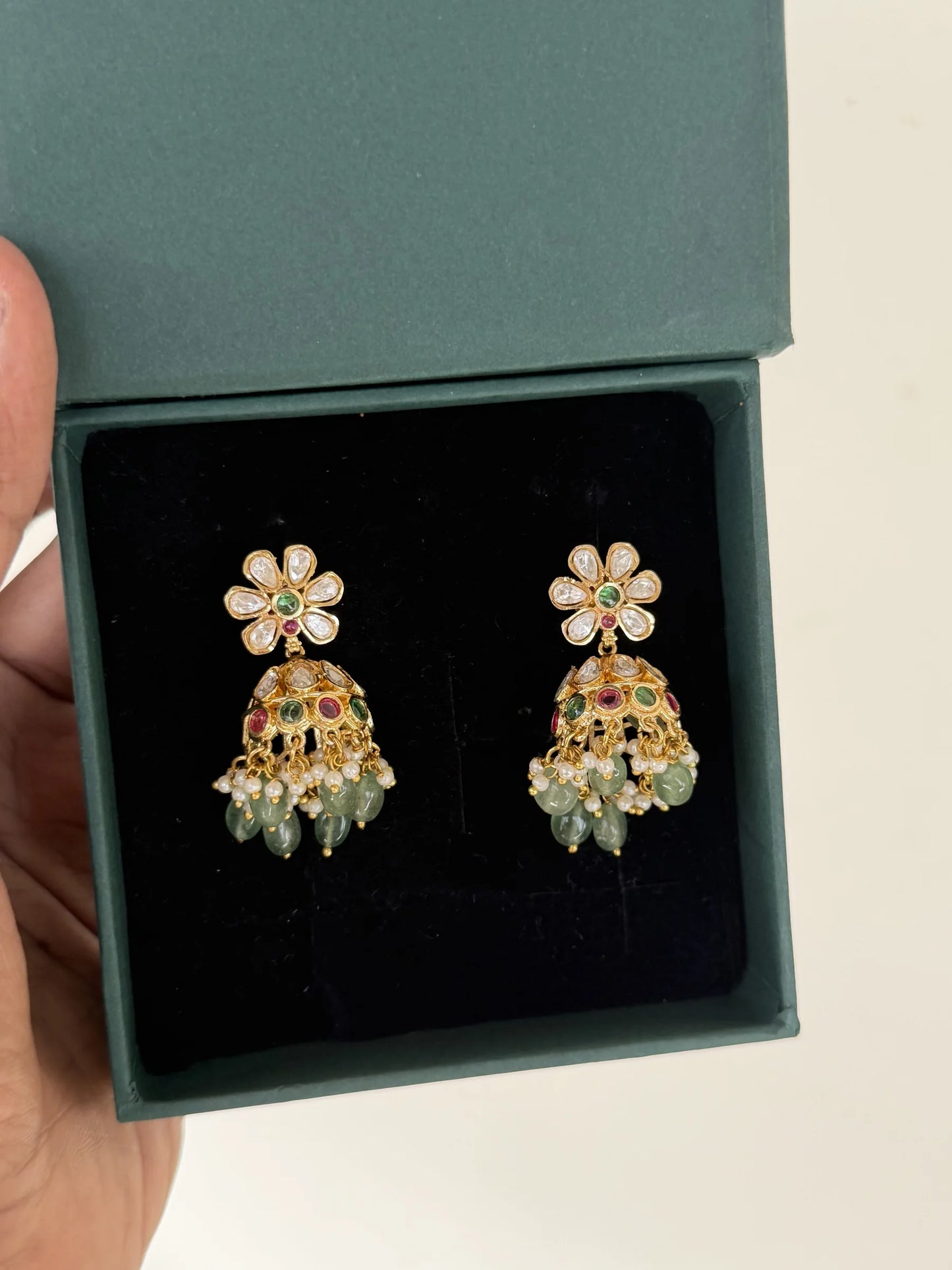 Gold Pearl Kundan Jhumka Earrings